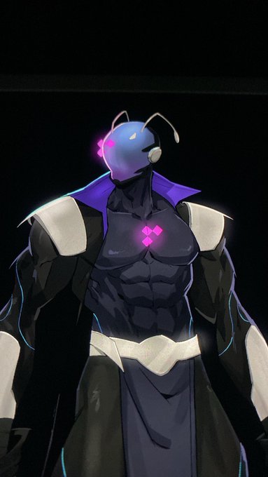 A digital drawing of a muscular humanoid figure with a blue alien-like head, antennae, and glowing pink eyes, wearing a black and white outfit with a high collar against a dark background.