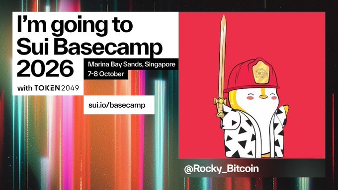 Promotional graphic announcing attendance at "Sui Basecamp 2026" with "TOKEN 2049" at Marina Bay Sands, Singapore, October 7-8, featuring a cartoon penguin mascot holding a sword, credited to @Rocky_Bitcoin, with the URL sui.io/basecamp displayed.
