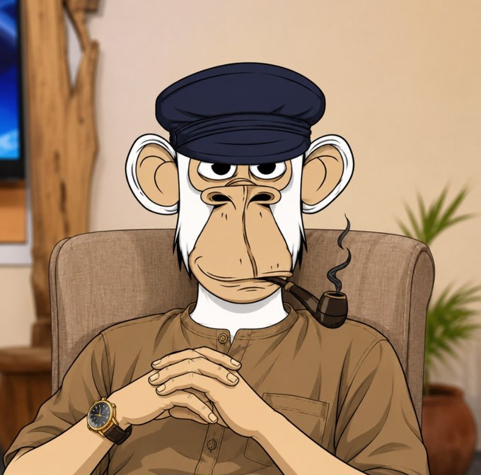 An animated cartoon monkey character wearing a black flat cap and brown shirt, smoking a pipe while seated in a beige armchair with hands clasped.