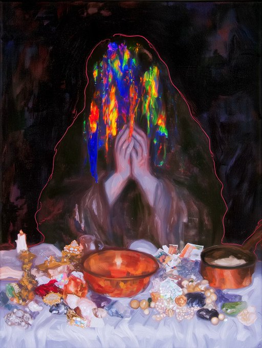 A painting depicting a figure with hands covering their face, from which bursts forth vibrant multicolored light resembling stained glass, set behind an altar covered in crystals, candles, a copper bowl, and other offerings.
