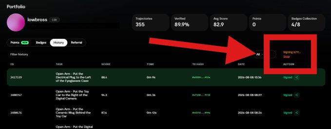 A dark-themed portfolio dashboard for user "lowbross" shows statistics including 355 Trajectories, 89.9% Verified, and a 4/8 Badges Collection, with a red arrow pointing to an open claim for 479 USDT in the filter history.
