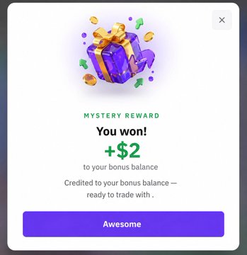 A pop-up modal shows a "Mystery Reward" congratulating the user with "You won! +$2 to your bonus balance," with text confirming it's "Credited to your bonus balance — ready to trade with" and an "Awesome" button, illustrating the $2 USDT reward example from TradoWix's new user promotion.