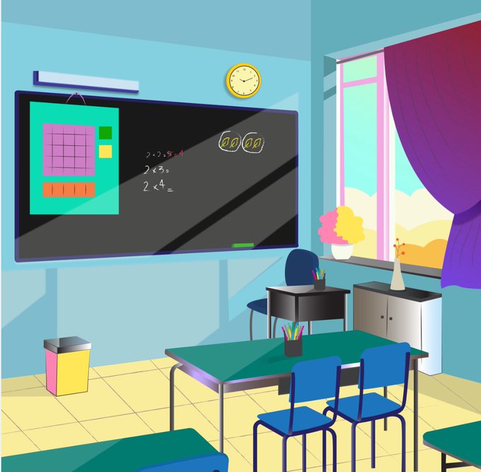 A colorful cartoon-style illustration of an empty classroom featuring a green desk with blue chairs, a blackboard displaying math equations like '2x4=', a clock, and a window with purple curtains.