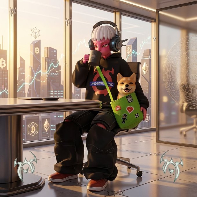 A stylish character wearing headphones and an "UNDERGROUND" hoodie sits at a desk with a Shiba Inu in a green bag, sipping coffee against a backdrop of Bitcoin logos and a cityscape with rising chart lines. The image captures the "GM" (Good Morning) crypto trader spirit with Bitcoin symbolism reflecting the post's discussion of BTC holding near $63,000 amid significant ETF outflows.