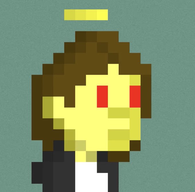 A pixel art style portrait of a character with brown hair and red eyes wearing a black jacket over a white shirt, with a yellow bar above their head against a teal background.