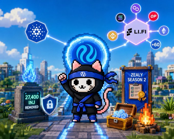 A pixel-art style promotional graphic featuring a cat character in ninja attire surrounded by cryptocurrency logos (Cardano, Binance, LI.FI, OP, +60), with a 'ZEALY SEASON 2' sign and a monument showing '27,400 INJ REMOVED'.