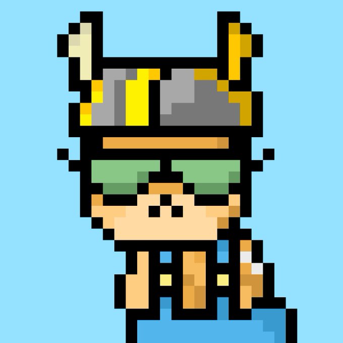 A pixel art character resembling Batman with a yellow horned helmet, green sunglasses, and a blue outfit against a light blue background.