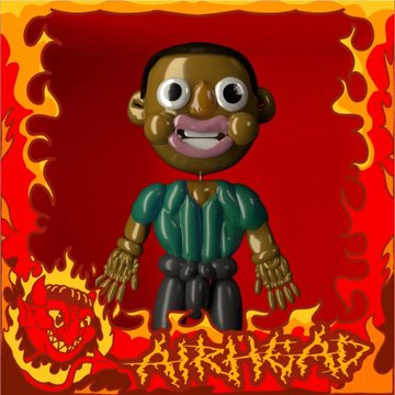 A stylized figurine of a cartoonish character with bulging eyes and a wide grin stands against a backdrop of red and orange flames, with the text "AIRHEADS" displayed in fiery lettering at the bottom. The image serves as promotional artwork for the "Airhead" Ordinals collection, referenced in the post discussing its potential revival and the return of crypto "grifters" on the timeline.