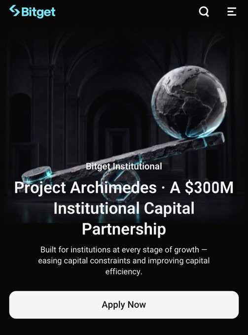 A Bitget Institutional webpage promoting "Project Archimedes," a $300M institutional capital partnership aimed at easing capital constraints for institutional clients. The post's commentary on crypto evolving beyond simple trading into infrastructure and capital efficiency for institutions aligns directly with the page's focus on institutional-grade capital solutions.