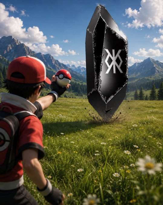 A digital illustration of a Pokémon trainer in a red hat and backpack throwing a Pokéball at a large black monolith engraved with a stylized symbol, set in a grassy mountain meadow.
