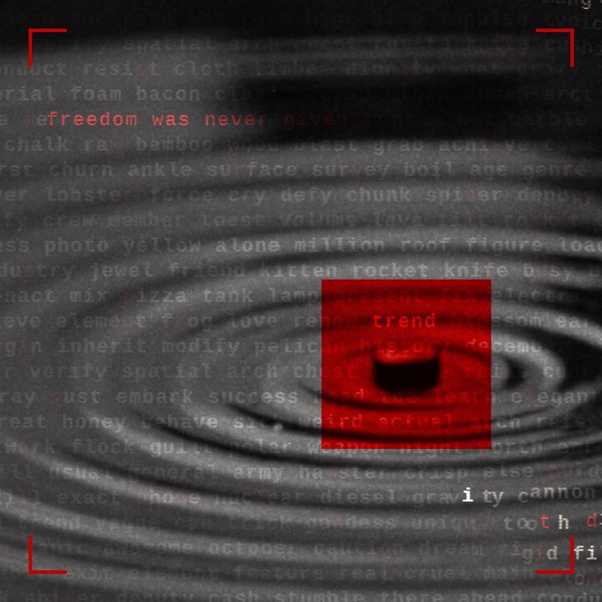 A dark, textured image displays the phrase 'freedom was never given' alongside scattered text, with a central red rectangle highlighting a rippled surface and the word 'trend'.
