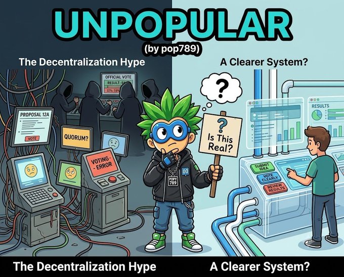 The image, titled "UNPOPULAR (by pop789)," contrasts "The Decentralization Hype," depicted with shadowy figures, tangled wires, and chaotic voting/quorum errors, against "A Clearer System?", shown with an organized interface and clean pipelines. It visually supports the post's argument that decentralization often creates unnecessary complexity and dysfunction, making systems worse for users rather than better.