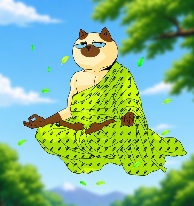 A serene Siamese cat in a lotus meditation pose, wrapped in a green patterned robe, floats peacefully against a blue sky with floating leaves—evoking the calm, zen-like vibe often used in crypto giveaway posts promising GTD prizes to random winners.