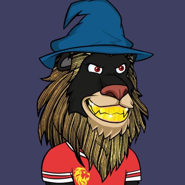 A cartoon-style NFT mascot featuring a black dog-like creature wearing a blue wizard hat and a red shirt with a yellow lion emblem, set against a dark blue background.