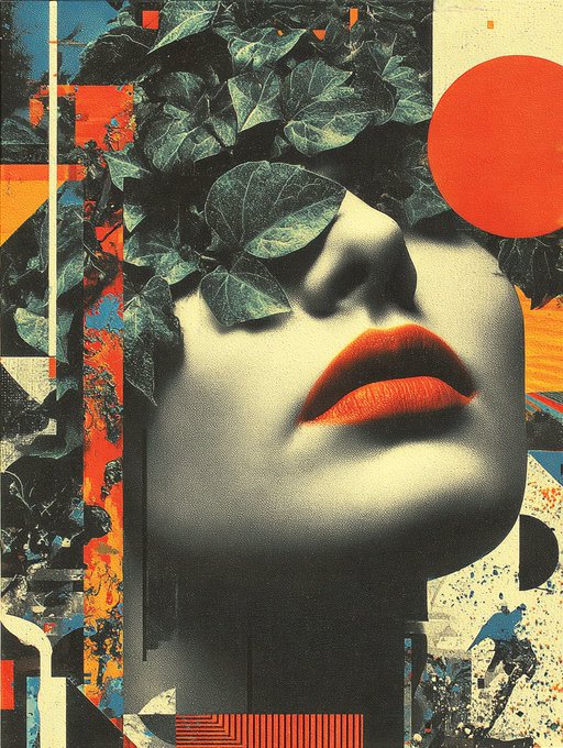 A collage-style pop art piece showing the lower half of a woman's face with bright red lips, her eyes covered by green ivy leaves, set against a background of geometric shapes and splattered paint.