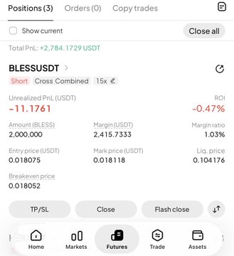 The image shows a futures trading interface displaying an active short position on BLESSUSDT with a 2,000,000 BLESS amount at an entry price of 0.018075 USDT, showing an unrealized PnL of -11.1761 USDT (-0.47%). The position details align with the post's mention of opening a short position around $0.0180 on $BLESS.