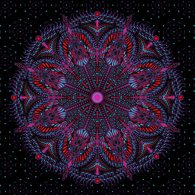 A vibrant symmetrical mandala pattern rendered in neon pink, purple, and blue on a black background, featuring intricate geometric and floral designs radiating from a central pink starburst.