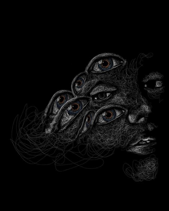 A dark, surreal digital artwork depicts a fragmented face composed of multiple realistic eyes, lips, and flowing wire-like strands set against a black background, which visually evokes the title "All of me" by conveying a disjointed, multi-faceted representation of a human figure. The accompanying post thanks a collector for purchasing an edition of this piece, noting only 2 editions remain for 4 XTZ.