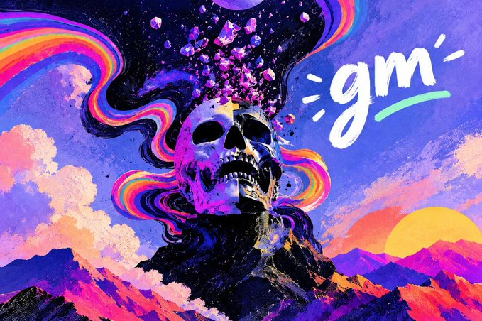 A vibrant, psychedelic digital artwork showing a skull with rainbow swirls emerging from its head, with the text 'gm' written in the upper right corner against a cosmic sky.