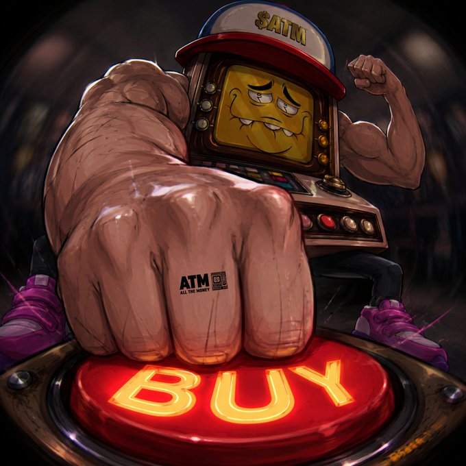 The image features an ATM character with muscles flexed, holding a red button that reads "BUY". The main focus of this illustration is on the button, which stands out due to its color and position within the scene. The character is prominently displayed in the center, surrounded by a darker background or black frame, creating a striking contrast between the vibrant button and the surrounding area.