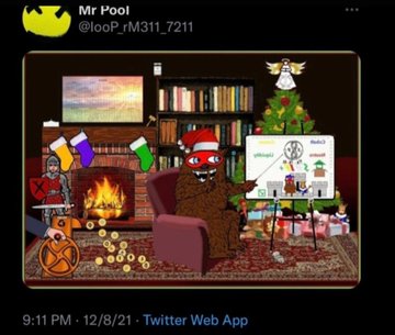 A tweet from "Mr Pool" (@looP_rM311_7211) posted at 9:11 PM on 12/8/21 features a festive pixel-art scene of a hairy creature in a Santa hat sitting by a fireplace with stockings and a Christmas tree, surrounded by presents and a whiteboard diagram. The image illustrates the tweet's message about opening a gift, as the creature is preparing to unveil the diagrams and presents in the holiday setting.