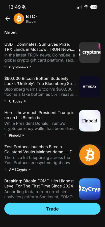 A mobile app screenshot showing Bitcoin (BTC) news, including headlines about USDT/TRON, a $60,000 Bitcoin bottom, and Trump's crypto wallet, with a "Trade" button at the bottom.