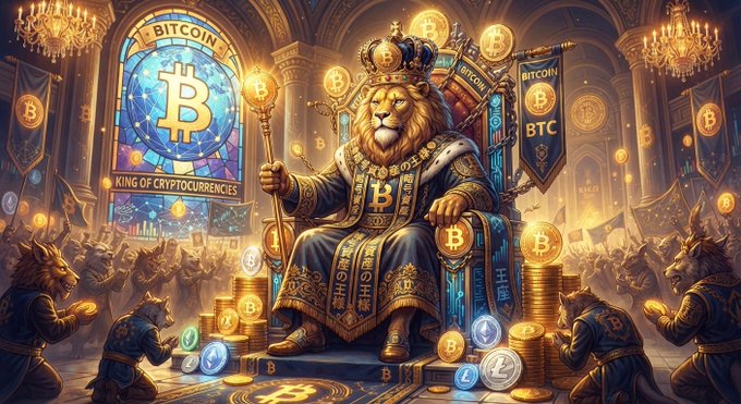 A fantasy digital artwork depicting a crowned lion sitting on a throne surrounded by Bitcoin (BTC) symbols, banners reading 'BITCOIN' and 'KING OF CRYPTOCURRENCIES', with wolf-like creatures kneeling before piles of crypto coins in a grand hall.