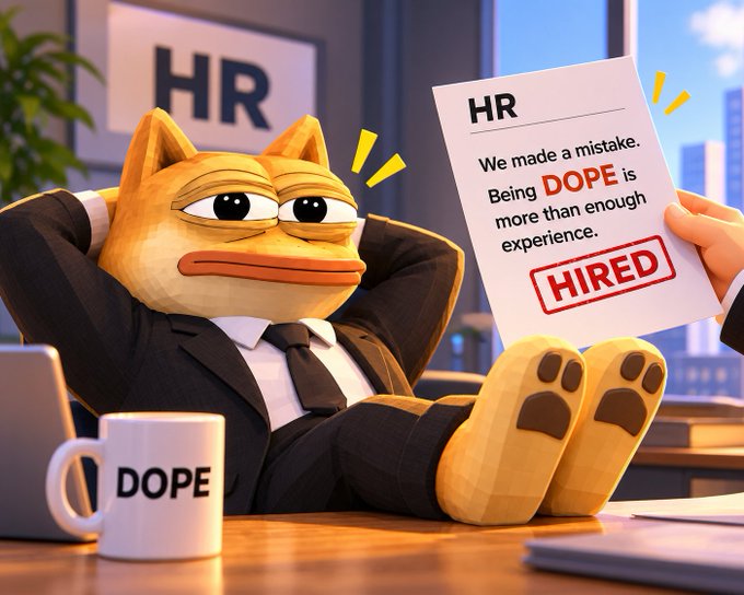 A 3D-rendered illustration of a dog-like character in a business suit sitting at an office desk with feet up, holding an HR notice that reads 'We made a mistake. Being DOPE is more than enough experience. HIRED', next to a mug labeled 'DOPE'.