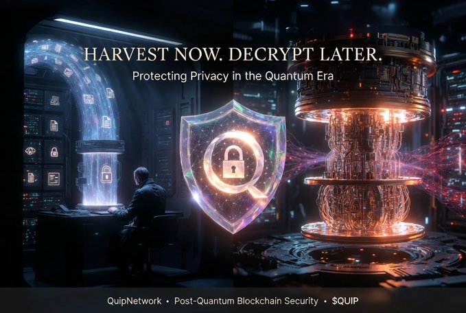 A promotional graphic for QuipNetwork displays 'HARVEST NOW. DECRYPT LATER. Protecting Privacy in the Quantum Era' alongside a quantum computer and a holographic shield lock icon.