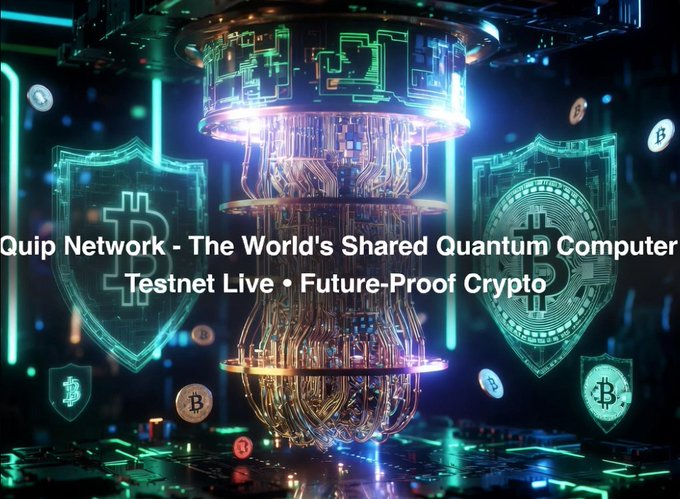 The image features a large, futuristic machine that appears to be a fusion of a computer and a crystal ball. The machine has multiple levels with various symbols and logos associated with it. The text "Quip Network" is written above the machine, while "The World's Shared Quantum Computer" is below it. The phrase "Testnet Live!" is also present in the image. The background of the image is dark blue, which contrasts with the colorful elements on the machine.