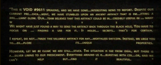 A dark background features glowing green text from 'VOID #9611' describing an ancient artifact emitting a brilliant glow and warning against trading it for worthless shitcoin.