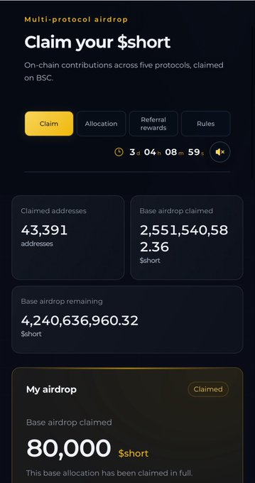 Multi-protocol airdrop claim page for $short token on BSC, showing 43,391 claimed addresses, 2,551,540.58 base airdrop claimed, and an individual claim of 80,000 $short.