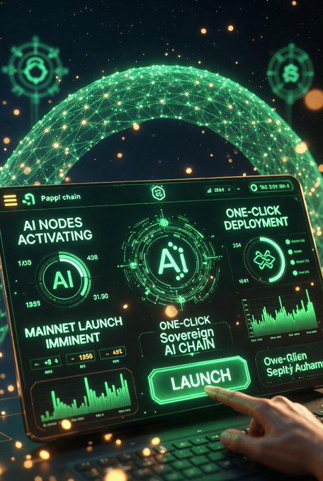 A futuristic green-hued digital interface displaying 'AI NODES ACTIVATING' and 'MAINNET LAUNCH IMMINENT' with a 'LAUNCH' button being pressed, advertising an AI chain project.