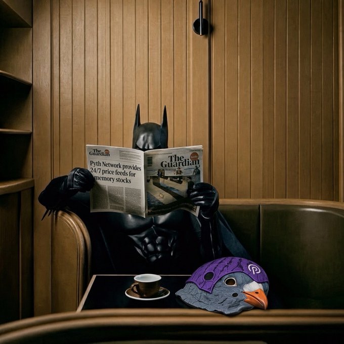 A person in a Batman costume sits on a couch reading "The Guardian" newspaper with the headline "Pyth Network provides 24/7 price feeds for memecoin stocks," while a coffee cup and a Polo Bear hat rest on the table.