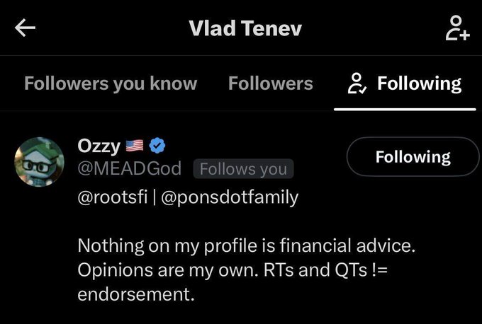 A Twitter/X profile page showing Vlad Tenev's 'Following' list, featuring user 'Ozzy' (@MEADGod) who follows you and includes a disclaimer that nothing is financial advice.