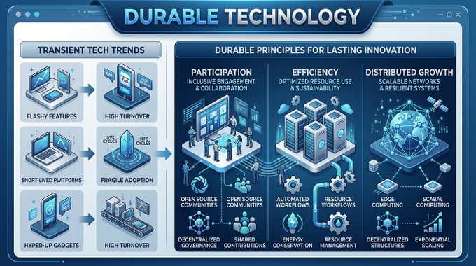 The image features a digital poster that explains the concepts of "durable technology" using graphics and text. The poster displays the five fundamental principles of durable technology, which include participation, efficiency, distributed growth, and adaptability. The poster also includes various icons representing different aspects of durable technologies such as cell phones, laptops, and servers. These icons highlight how these technologies can be built to last and withstand changing trends in the market. Additionally, there is a caption at the bottom that explains what the poster showcases, emphasizing the importance of these principles in creating durable technology.