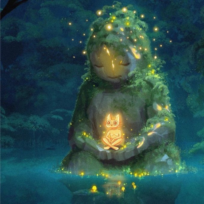A serene digital artwork of a mossy stone statue resembling a deity in meditation, glowing with golden particles while holding a small cat-like creature in its hands.