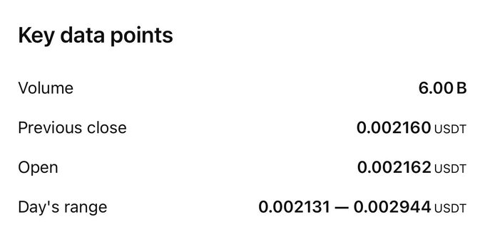 A screenshot of 'Key data points' showing Volume at 6.00B, Previous close at 0.002160 USDT, Open at 0.002162 USDT, and Day's range between 0.002131 and 0.002944 USDT.