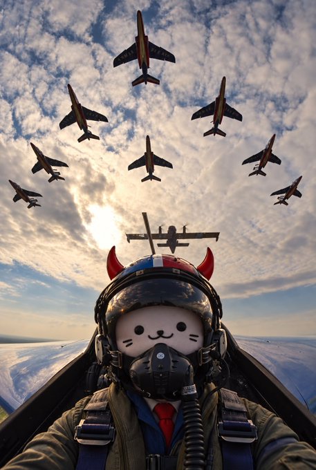 A whimsical illustration shows a cat-faced pilot with red devil horns wearing a flight helmet and oxygen mask in the cockpit, with a formation of nine jets flying overhead against a sunset sky.