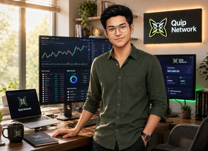 A young man wearing glasses and an olive-green button-down shirt stands confidently in a home office filled with multiple monitors displaying cryptocurrency trading charts and the 'Quip Network' logo, with a Bitcoin symbol visible in the background.