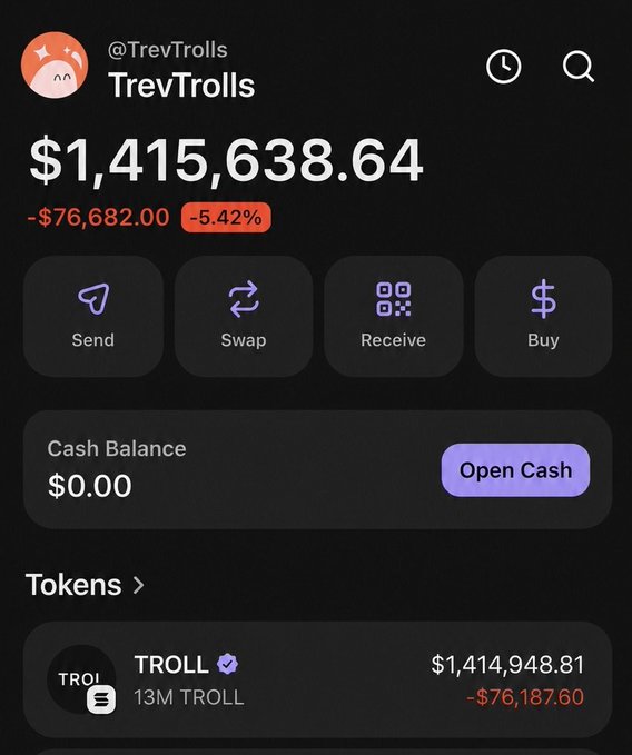 The image shows a message screen of a wallet application or account that belongs to a person named "TroyTroll" who has been trading Bitcoin. The screen displays a status update indicating that they have gained $1,115,634,634 from their current trade, which is displayed in the form of text and two currency icons. It appears that this app has a user base with an interest in trading Bitcoins.