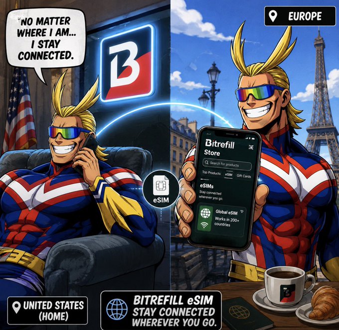 An anime-style promotional image for Bitrefill eSIM shows a superhero character on a phone call in the US labeled 'UNITED STATES (HOME)' and holding a phone with the Bitrefill Store in front of the Eiffel Tower labeled 'EUROPE', with text reading 'NO MATTER WHERE I AM... I STAY CONNECTED.' and 'BITREFILL eSIM STAY CONNECTED WHEREVER YOU GO.'
