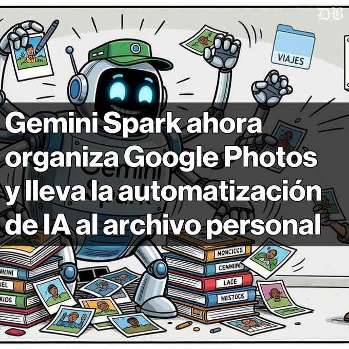 A cartoon illustration of a robot wearing a green cap organizing stacks of labeled folders, overlaid with Spanish text: 'Gemini Spark ahora organiza Google Photos y lleva la automatización de IA al archivo personal'.