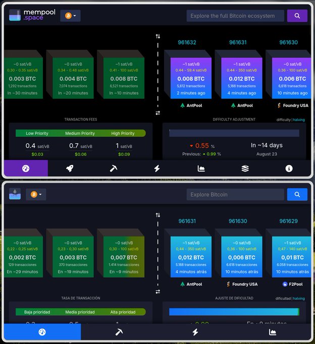 Two screenshots of the mempool.space Bitcoin blockchain explorer showing transaction fee data and recent blocks mined, displayed in English (top) and Spanish (bottom).