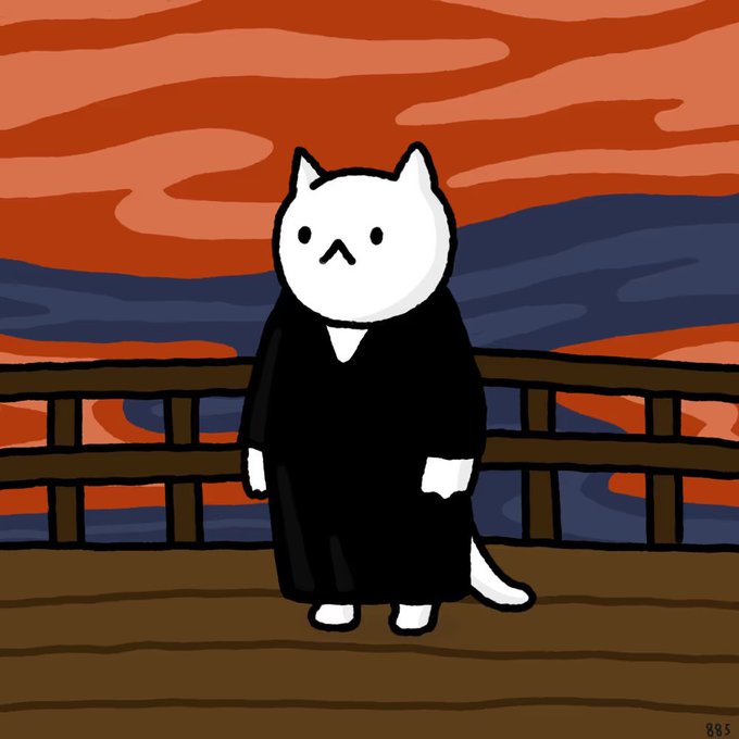 A cartoon illustration of a white cat wearing a black robe standing on a wooden deck, with a red and dark blue wavy sky background, signed '885' in the corner.