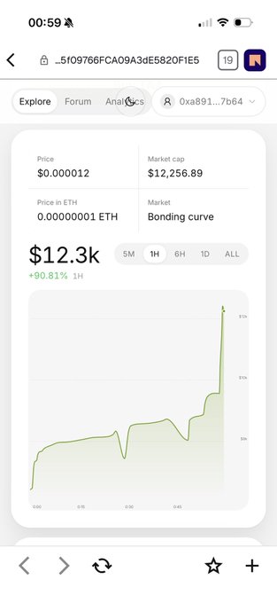 A mobile screen showing a cryptocurrency token chart (address starting with 0x891...7b64) with a price of $0.000012 and a market cap of $12,256.89, displaying a 1-hour price increase of +90.81%.