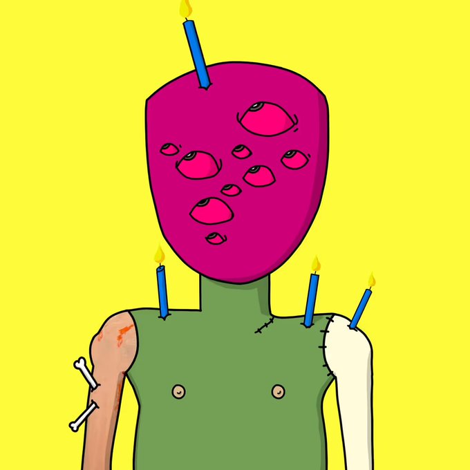 A colorful, surreal cartoon illustration of a figure with a pink face featuring multiple eyes, candles on their head and shoulders, and mismatched body parts including a stitched arm and another pierced by a bone.