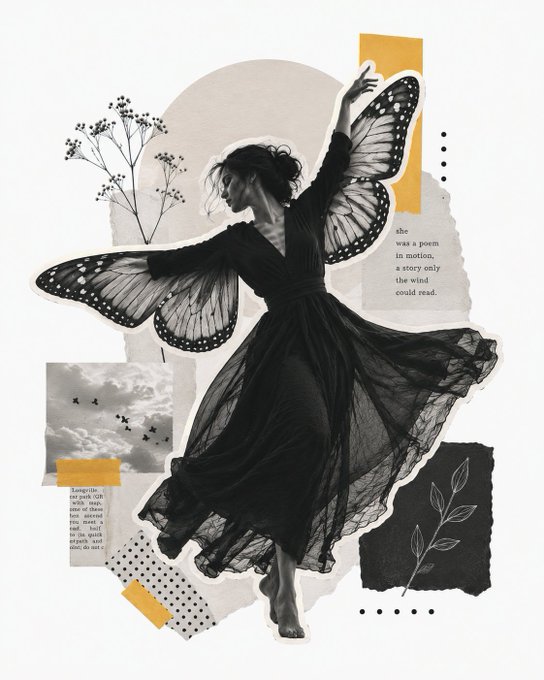 A black and white collage artwork depicts a woman in a flowing black dress with large butterfly wings, surrounded by botanical illustrations, clouds, and torn paper textures with text snippets.