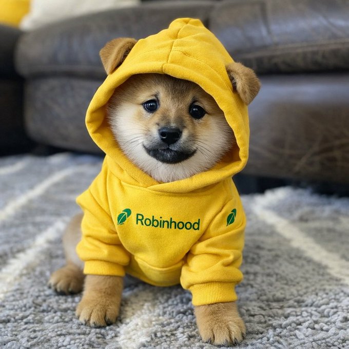 An adorable Shiba Inu puppy wearing a yellow hoodie with the 'Robinhood' logo and green leaf design, sitting on a rug in front of a leather couch.