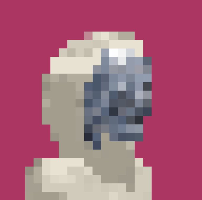 A pixel art illustration of a figure with blue and dark blue pixelated hair or headwear, shown in profile against a solid magenta background.